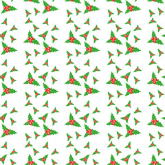 Christmas holly branches with cinnamon and cloves on a white background. Seamless pattern.