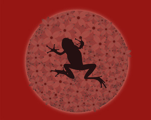 black silhouette of a frog on a volumetric background of flowers on a red background