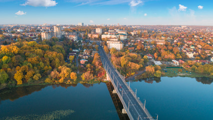 drone with a camera, a beautiful summer river from a height. Drone Aerial View of city and River