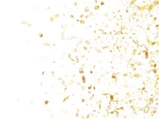 Holiday realistic gold confetti flying on black background.