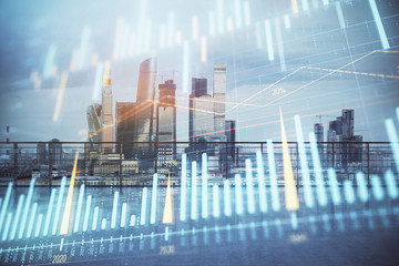 Forex graph hologram with city view from roof background. Double exposure. Stock market concept.