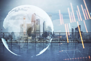 Forex graph with map hologram with city view from roof background. Double exposure. Financial analysis concept.