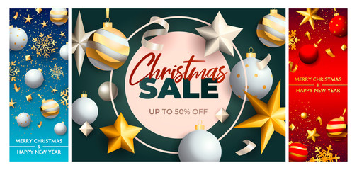 Naklejka premium Christmas sale blue, red banner set with stars