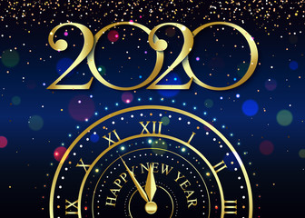 New Year 2020 logo text design with gold sparks, clock on blue background. Vector illustration