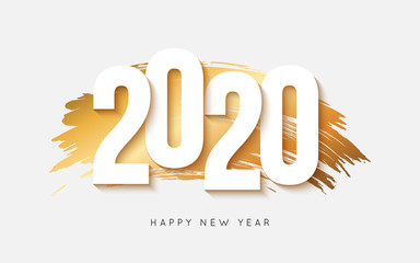 New Year 2020 logo text design with gold brush stroke. Paper style. Vector illustration