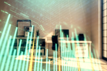 Forex chart hologram with minimalistic cabinet interior background. Double exposure. Stock market concept.