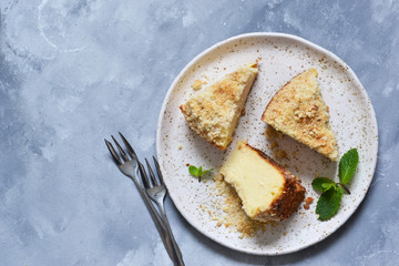 Classic cheesecake is a traditional American dessert. View from above.