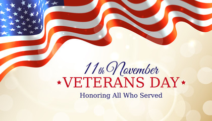 Happy veterans day banner, waving american flag on golden bokeh background. US national day november 11. Poster, typography design, vector illustration