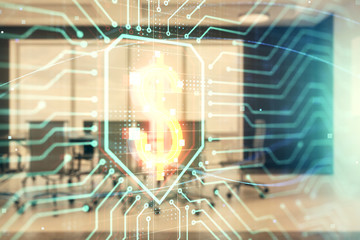 Business theme hologram on conference room interior background. Double exposure. Concept of brainstorming in business.