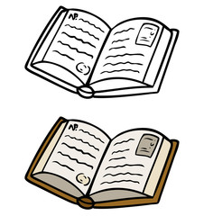 Cartoon open book with text. Isolated on white background. Vector icon for coloring.