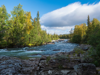 Fisherman man catching fish at beautiful northern landscape with azure blue river Kamajokk, mountains, boulders and spruce tree forest in Kvikkjokk in Swedish Lapland. Summer sunny day, white clouds