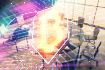 Blockchain theme hologram on conference room background. Double exposure. Concept of cryptocurrency