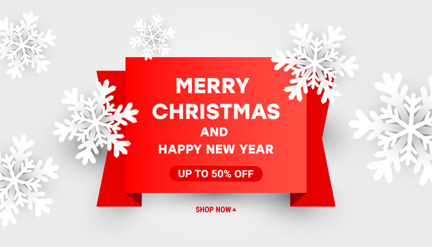 2022 Merry Christmas and Happy New Year composition sale vector discount template with paper cut white snowflakes on a red ribbon text