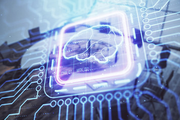 Double exposure of brain drawing hologram on conference room background. Concept of data analysis