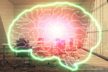 Double exposure of brain drawing hologram on conference room background. Concept of data analysis