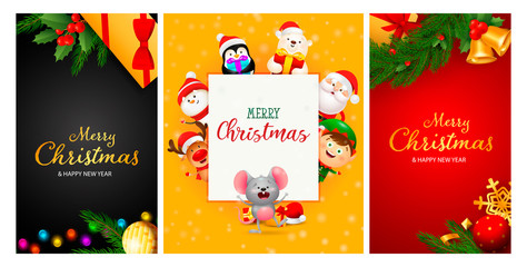 Merry Christmas black, yellow, red banner set with animals