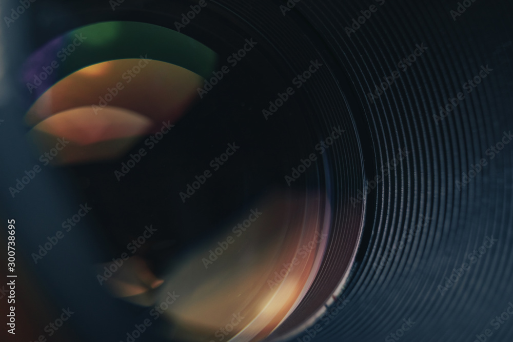 Poster close up beautiful camera lens with reflection background. macro view.