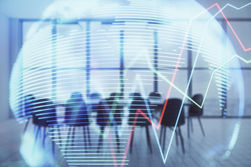 Double exposure of stock market graph with globe hologram on conference room background. Concept of international finance