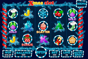 Christmas Slot, game UI interface and icons in blue color. Complete menu for casino game
