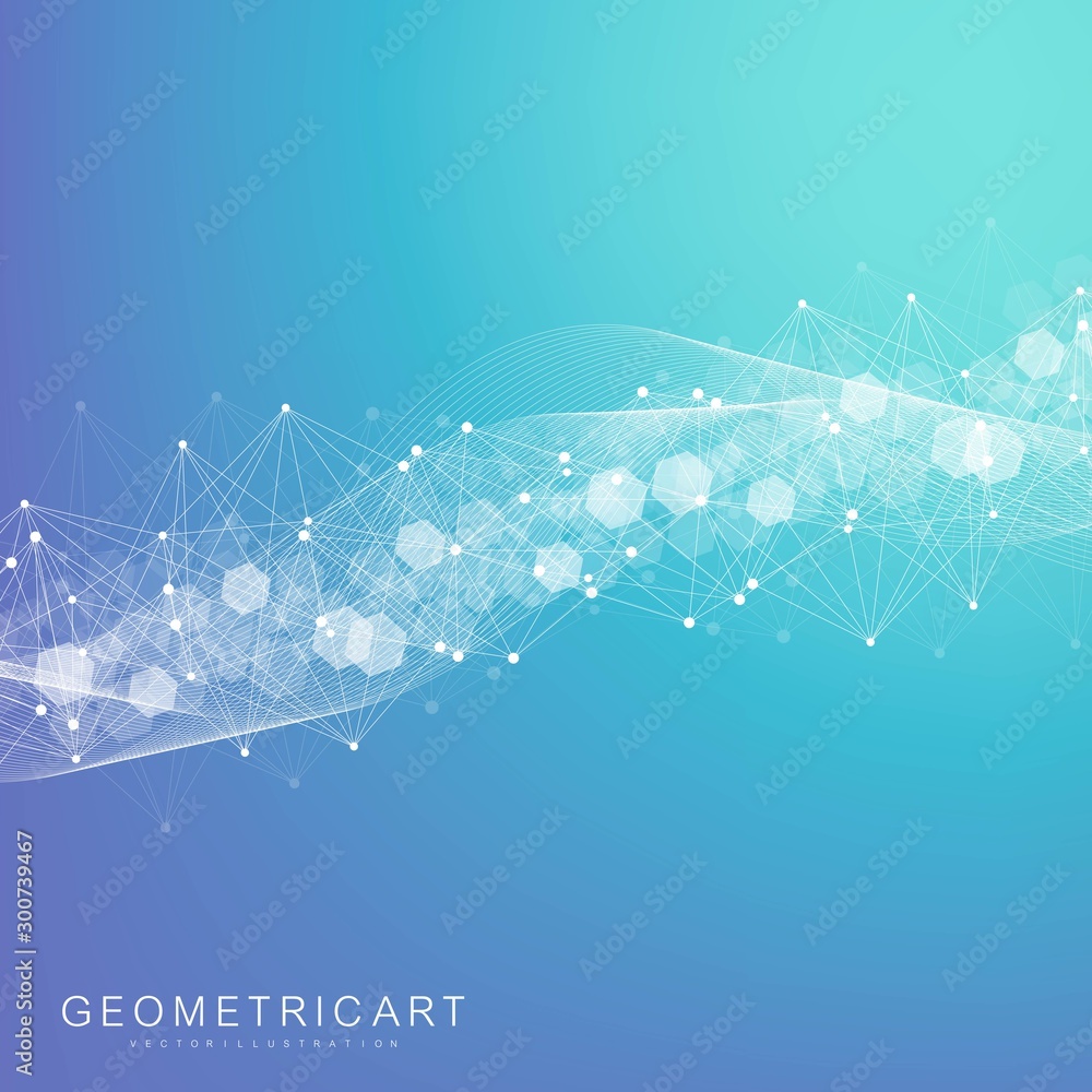 Fototapete Modern futuristic background of the scientific hexagonal pattern. Virtual abstract background with particle, molecule structure for medical, technology, chemistry, science. Social network vector
