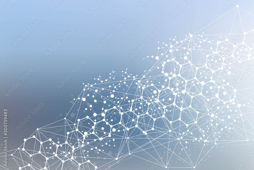 Poster science network pattern, connecting lines and dots. technology hexagons structure or molecular conne