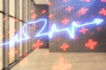 Fototapeta premium Double exposure of heart drawing hologram on empty room interior background. Medical education concept.