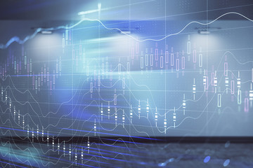 Double exposure of financial graph on empty room interior background. Forex market concept.