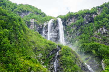View of the waterfall in Caucasian mountains