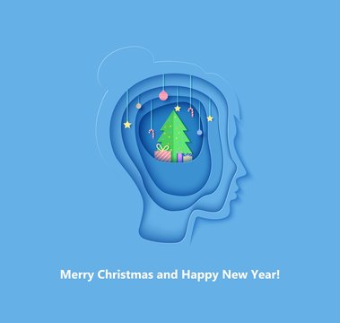 Woman brainstorm head in paper cut style. Silhouette of layered human with think of Christmas gift. Origami creative vector concept profile with New Year decorations on the depth of layers cardboard