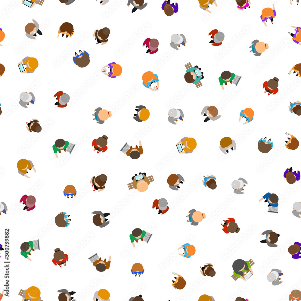 Sticker Cartoon Color People Standing Top View Seamless Pattern Background. Vector