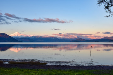 Sunset Villarica volcano, Calafquen lake, southern Chile