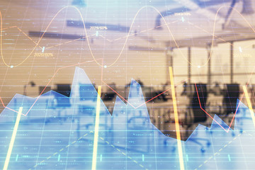 Stock and bond market graph with trading desk bank office interior on background. Multi exposure. Concept of financial analysis