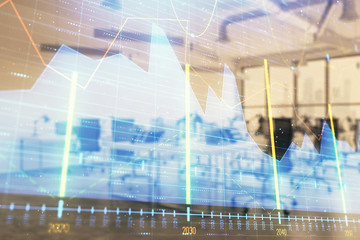Naklejka premium Stock and bond market graph with trading desk bank office interior on background. Multi exposure. Concept of financial analysis