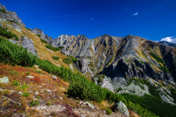 Autumn view of sunny mountains in High Tatras