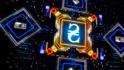 Hryvnia the currency of Ukraine. Neon symbol of money.