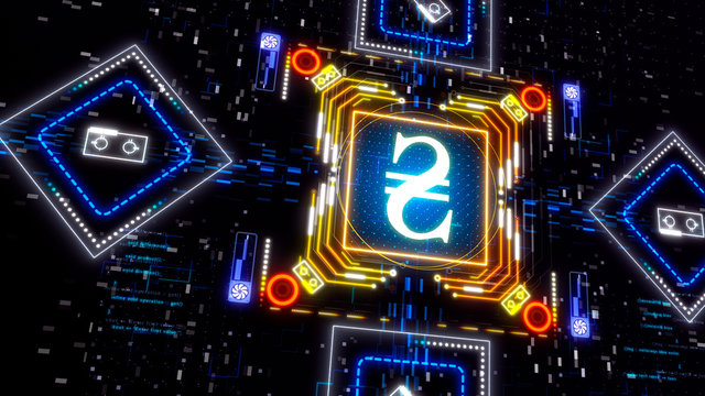 Hryvnia the currency of Ukraine. Neon symbol of money.