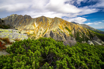 Autumn view of sunny mountains in High Tatras