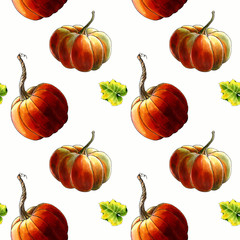 Seamless pattern with pumkins and leaves on white background Hand draw illustration.