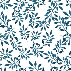 Natural watercolor seamless pattern. Dark blue leaves on white background. Botanical hand-painted illustration.