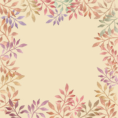 Autumn watercolor seamless frame. Colorful branches with leaf on light yellow background.