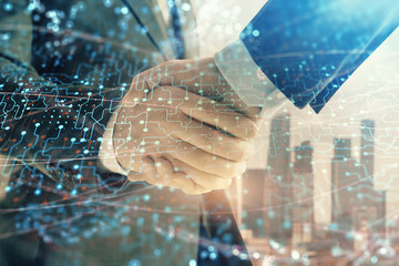 Double exposure of abstract technology drawing on cityscape background with two businessmen handshake. Concept of tech role in business