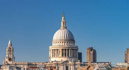 View from Millennium bridge of Saint Paul's Cathedral with blue sky on a sunny day