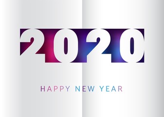 Happy new year 2020 vector banner template in trendy paper cut style. Gradient background with vivid neon colors.