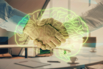 Double exposure of brain drawing on office background with two men handshake. Concept of innovation