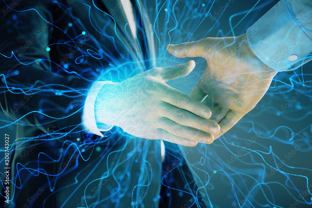 Poster multi exposure of human brain drawing on abstract background with two men handshake. concept of data