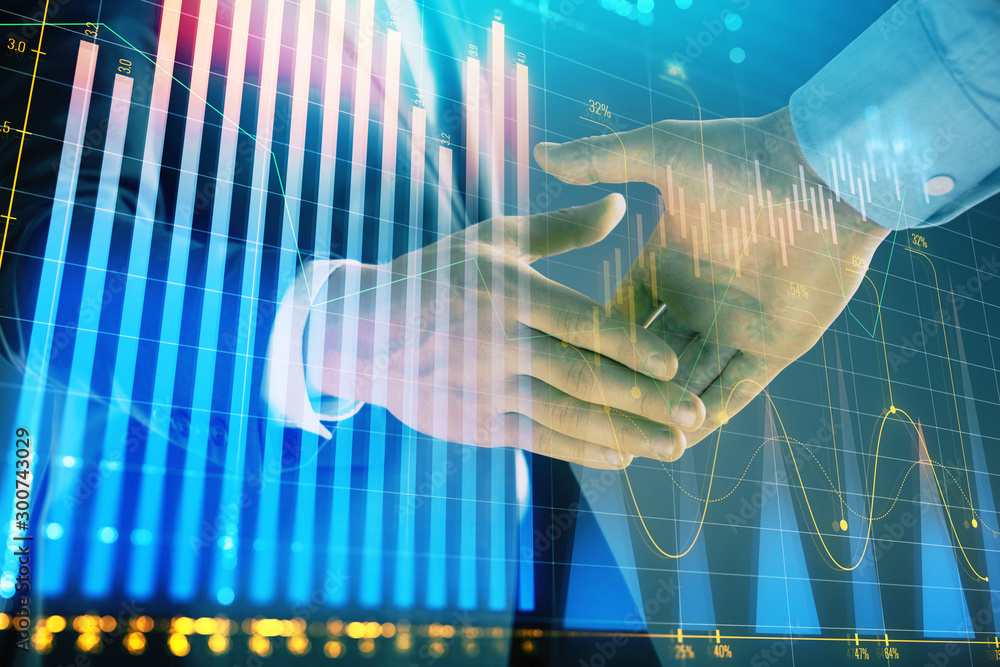 Poster multi exposure of forex graph on abstract background with two businessmen handshake. concept of succ