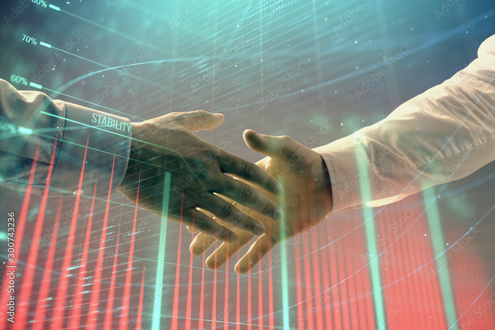 Poster multi exposure of forex graph on abstract background with two businessmen handshake. concept of succ