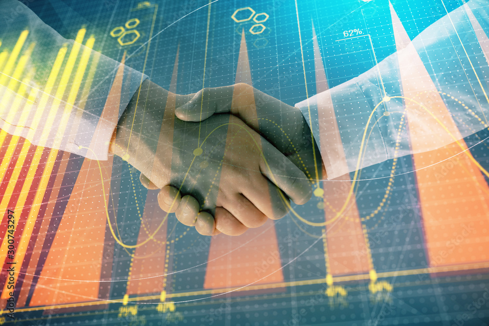 Poster multi exposure of forex graph on abstract background with two businessmen handshake. concept of succ