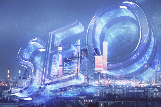 Double exposure of seo drawing on cityscape background. Concept of data search optimization engine