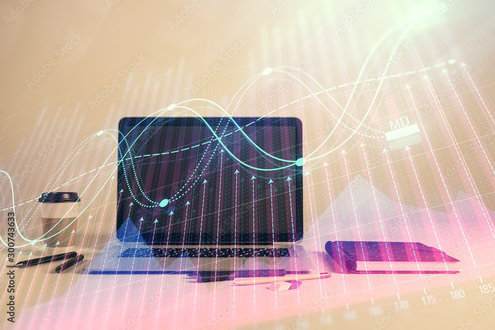 Poster forex graph hologram with desktop office computer background. double exposure. concept of financial 